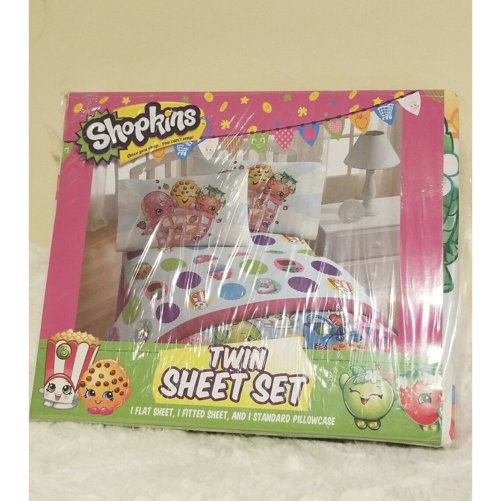 Shopkins Twin Sheet Set 1 Flat 1 Fitted 1 Standard Pillowcase Super Soft NEW